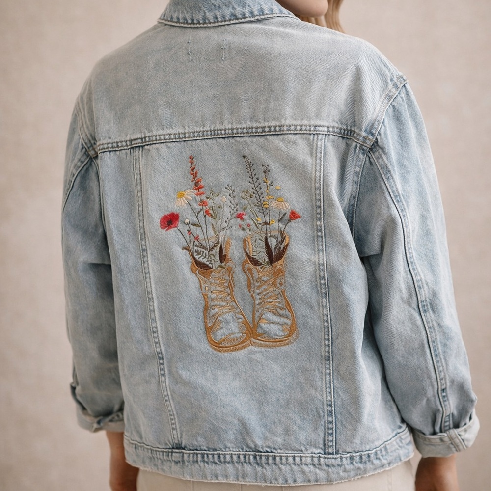 Boho Embroidered Jean Jacket Vintage Wash Floral Boots Back Western Cottagecore - Picture 1 of 9
